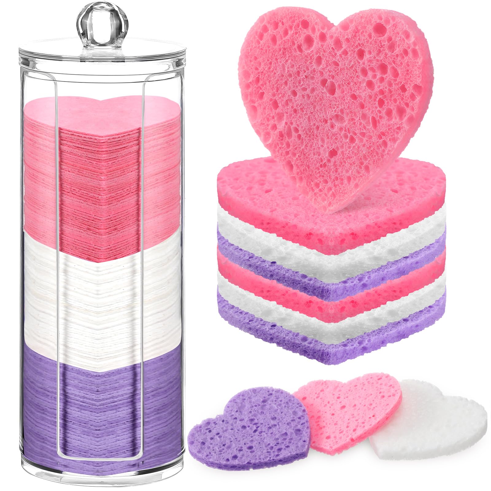 Sieral 120 Pcs Compressed Facial Sponges for Women with Container Disposable Face Sponge Pads for Mask Washing Face Cleansing Exfoliating Pore Esthetician Makeup Removal(Heart,Multicolor)