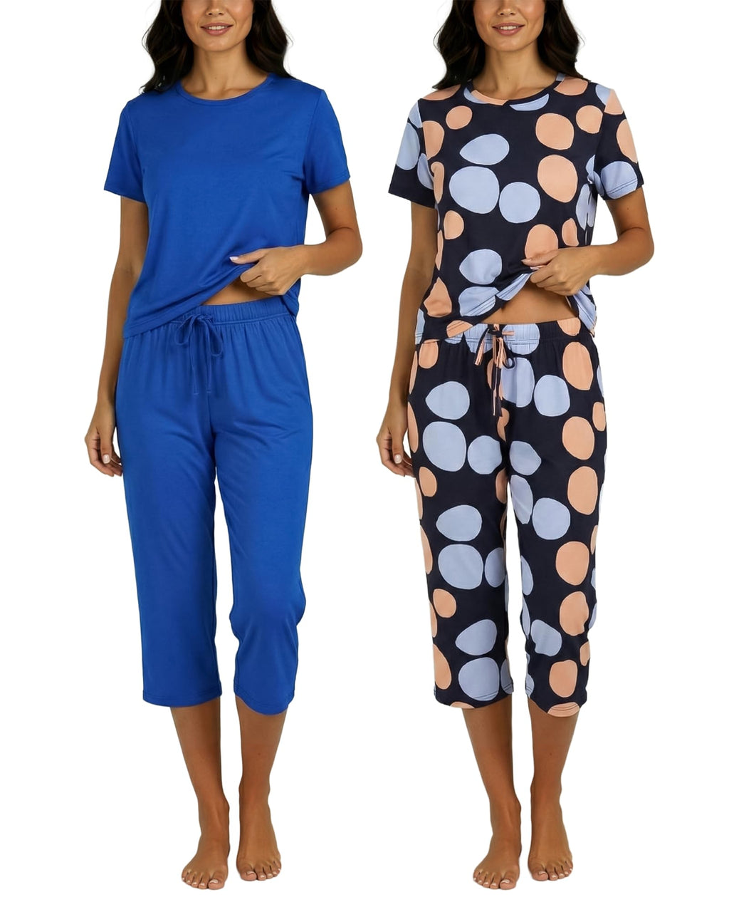 Real Essentials 2 Pack: Womens Pajamas Short Sleeve Sleepwear Tops and Capri Pants Pjs Print Pajama Sets (Available In Plus)