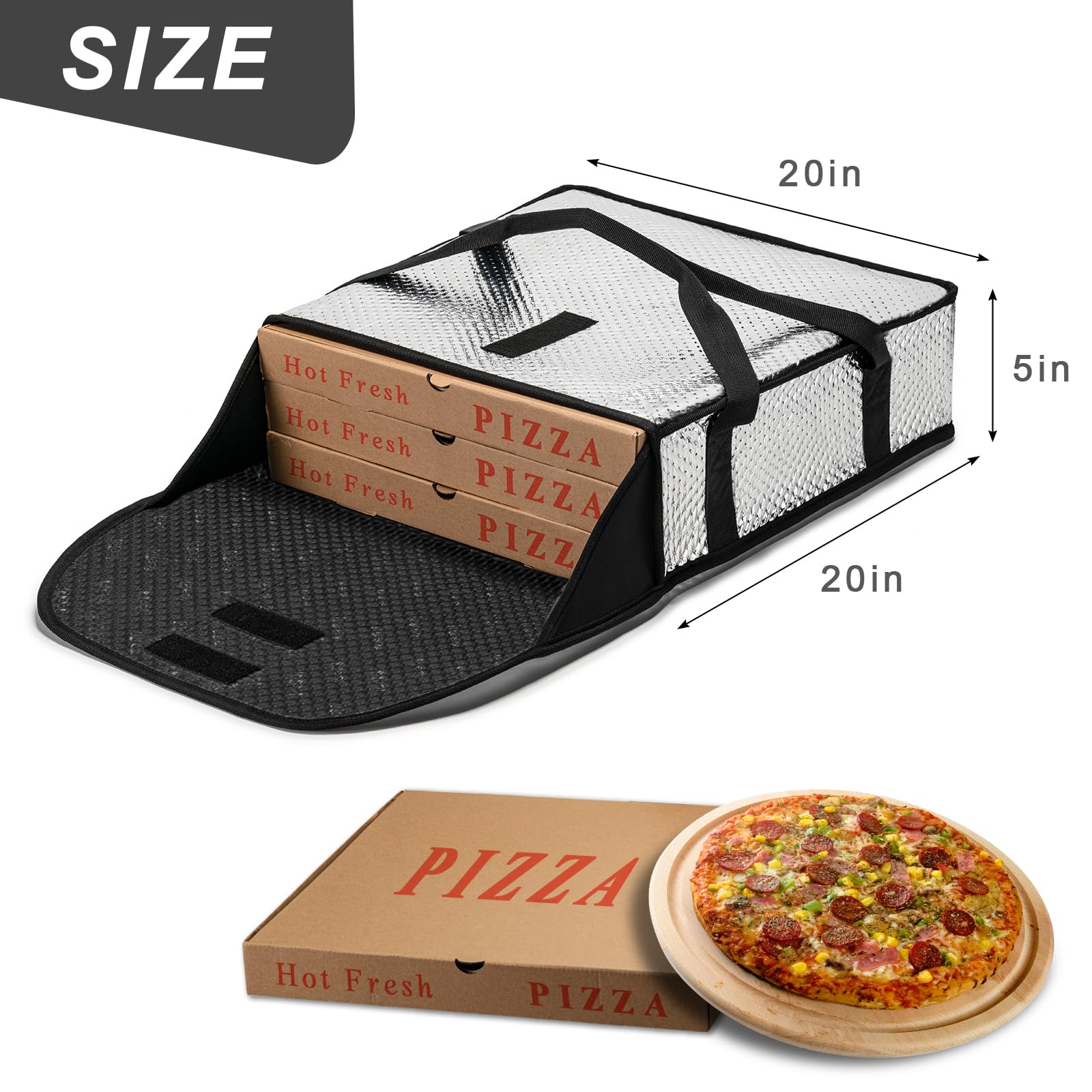 Pizza Bags for Delivery 20" X 20" X 6" - Moisture-Free, Professional Thermal Pizza Warmer, Heavy-Duty Pizza Delivery Bag, Suitable for Restaurants,Picnic Uber Eats & Door Dash（Silver）