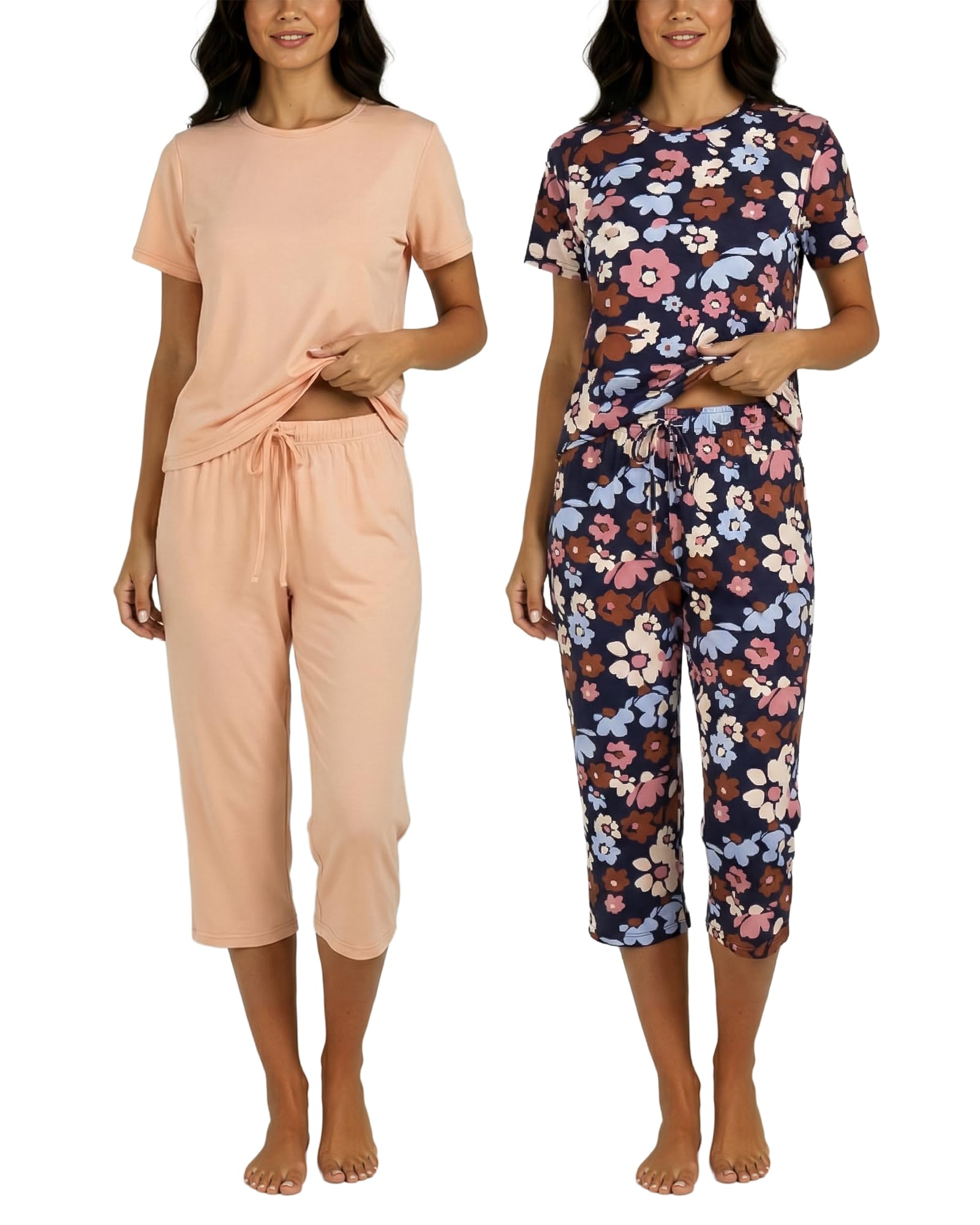 Real Essentials 2 Pack: Womens Pajamas Short Sleeve Sleepwear Tops and Capri Pants Pjs Print Pajama Sets (Available In Plus)