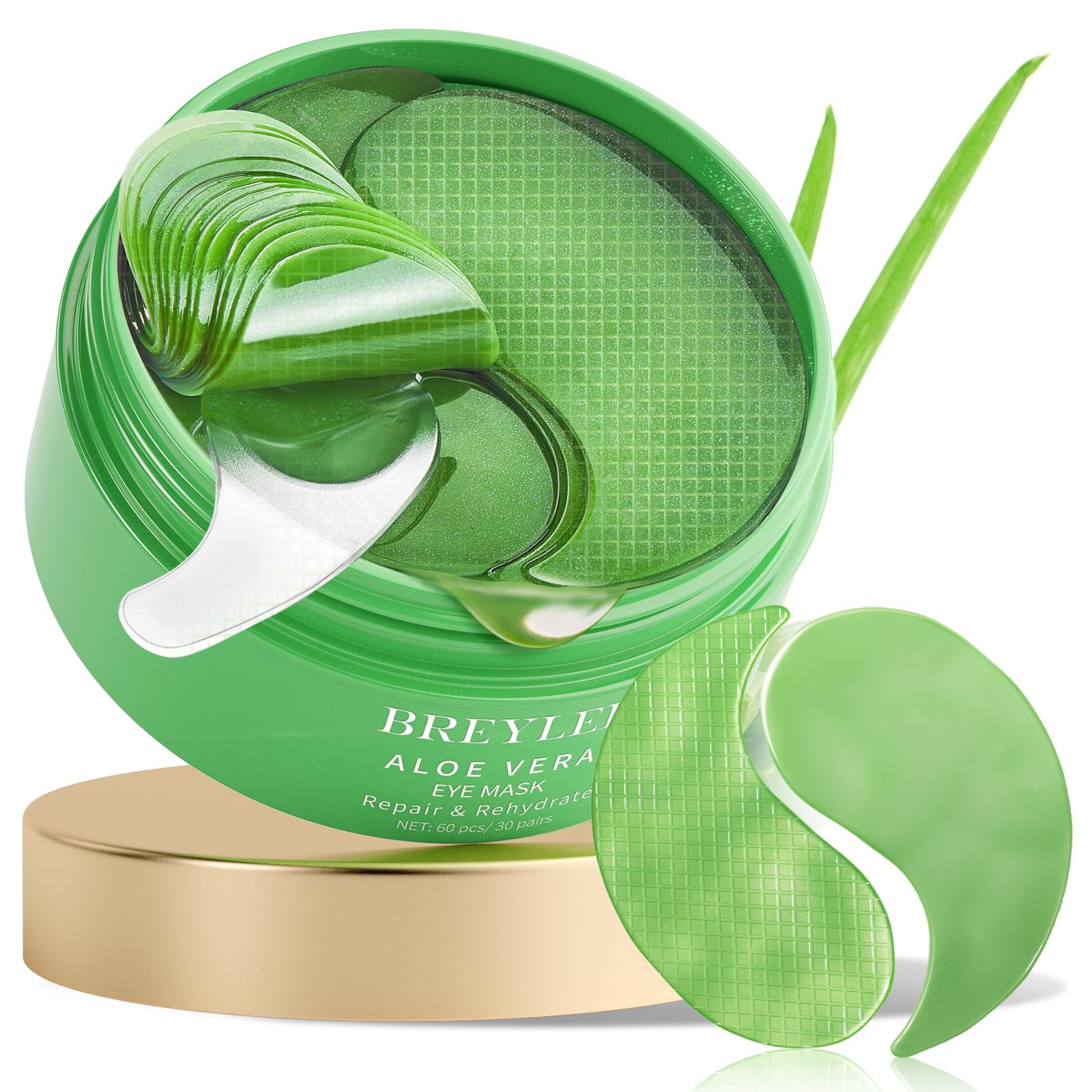 BREYLEE Aloe Vera Eye Masks– 60 Pcs - Puffy Eyes and Dark Circles Treatments – Look Younger and Reduce Wrinkles and Fine Lines Undereye, Improve and Firm eye Skin - Pure Natural Material Extraction
