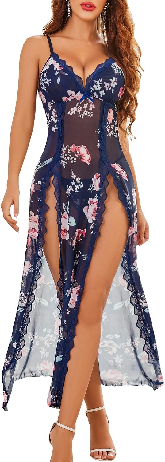 Avidlove Women Lingerie Lace Babydoll Chemise Sexy Mesh Nightdress V Neck Nightwear Side Split Nightgown