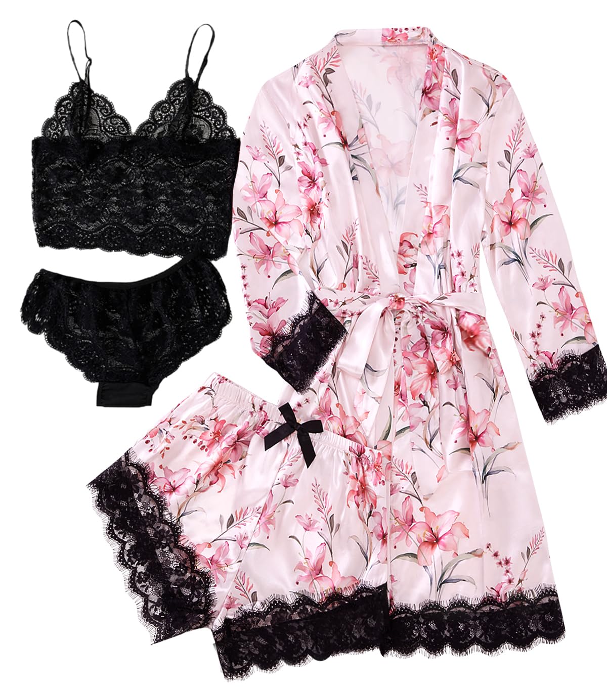 LYANER Women's Sexy Silk Satin Pajamas Set 4pcs Lingerie Nightwear Floral Lace Cami Pjs Sleepwear with Robe