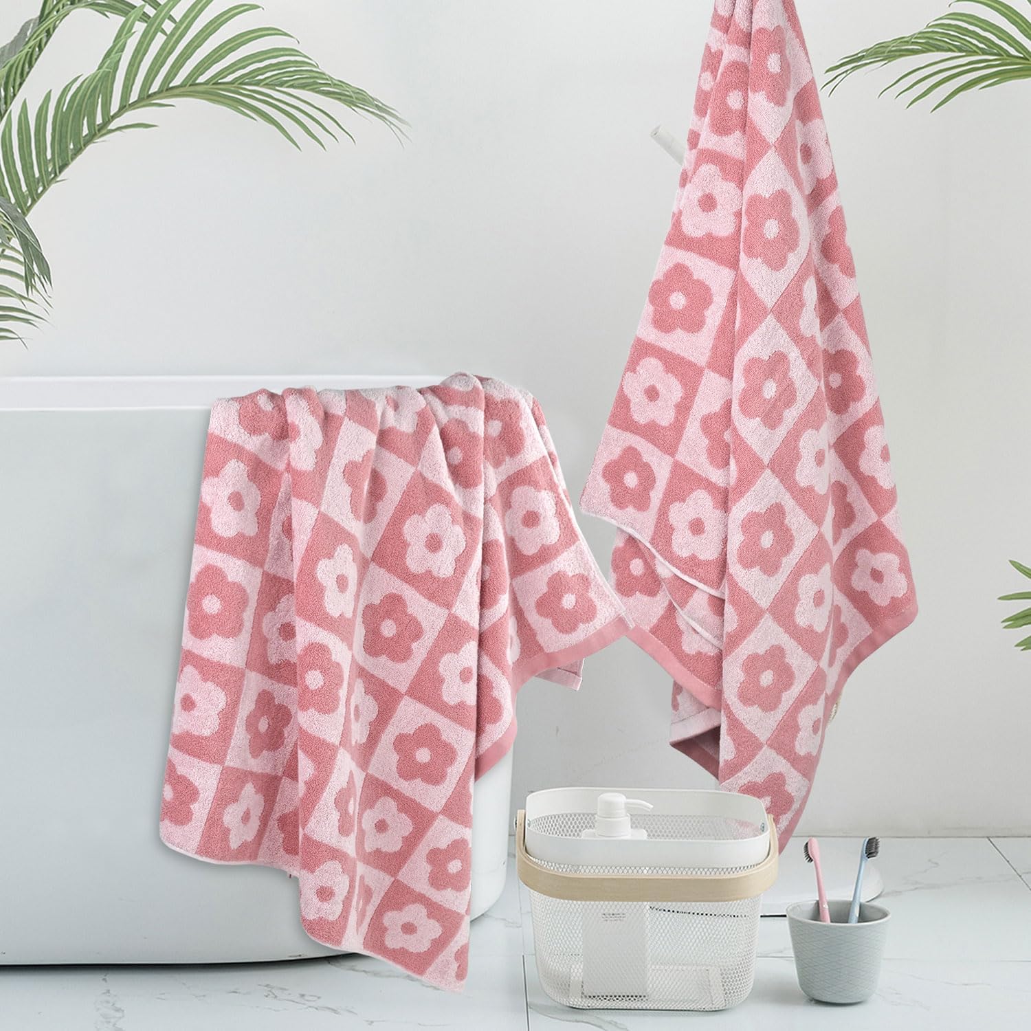 Jacquotha 2-Pieces Luxury Bath Towels Checkered Floral, Pink Towels for Women Girls Shower Body 27.5x55 Inches, Bathroom Decor & Pool Days, Cotton