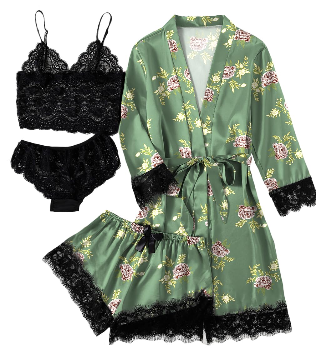 LYANER Women's Sexy Silk Satin Pajamas Set 4pcs Lingerie Nightwear Floral Lace Cami Pjs Sleepwear with Robe