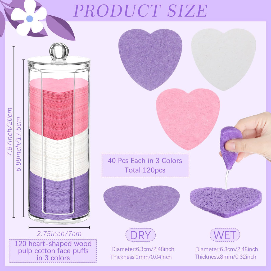 Sieral 120 Pcs Compressed Facial Sponges for Women with Container Disposable Face Sponge Pads for Mask Washing Face Cleansing Exfoliating Pore Esthetician Makeup Removal(Heart,Multicolor)