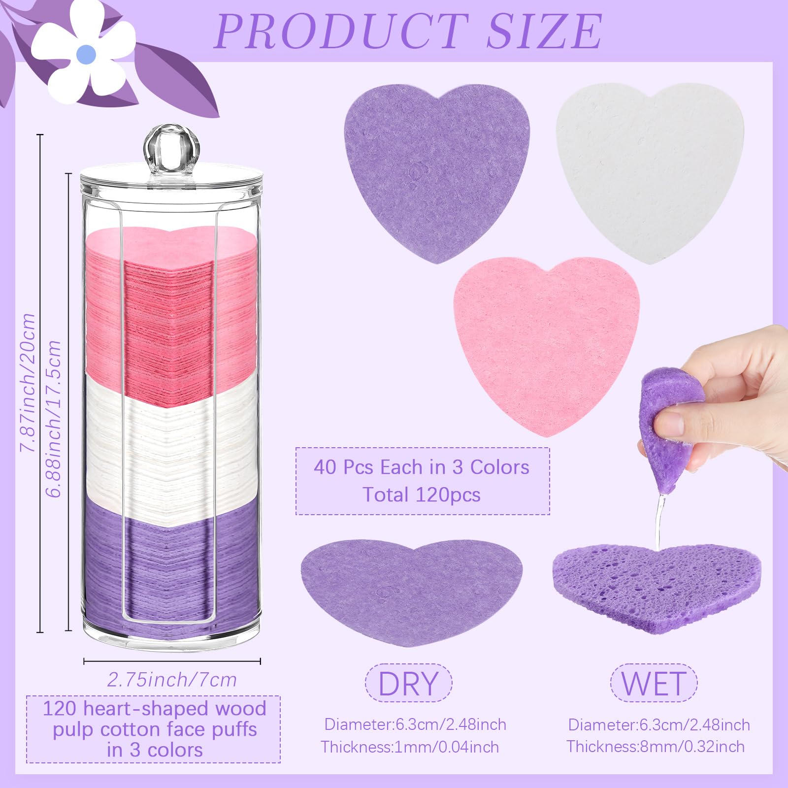 Sieral 120 Pcs Compressed Facial Sponges for Women with Container Disposable Face Sponge Pads for Mask Washing Face Cleansing Exfoliating Pore Esthetician Makeup Removal(Heart,Multicolor)