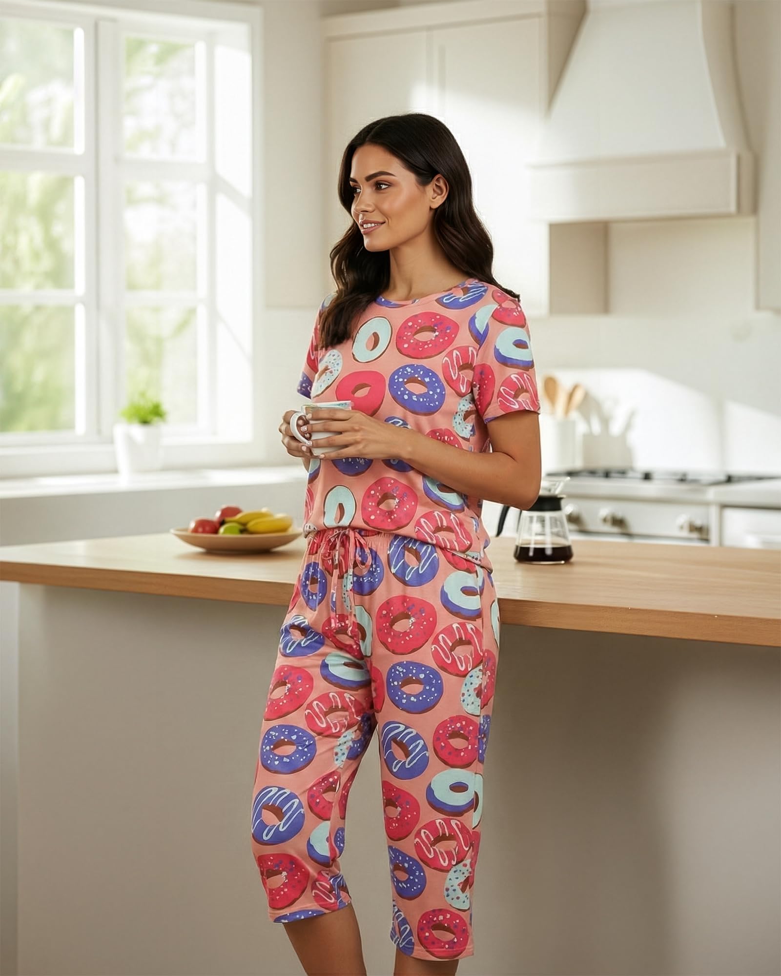 Real Essentials 2 Pack: Womens Pajamas Short Sleeve Sleepwear Tops and Capri Pants Pjs Print Pajama Sets (Available In Plus)