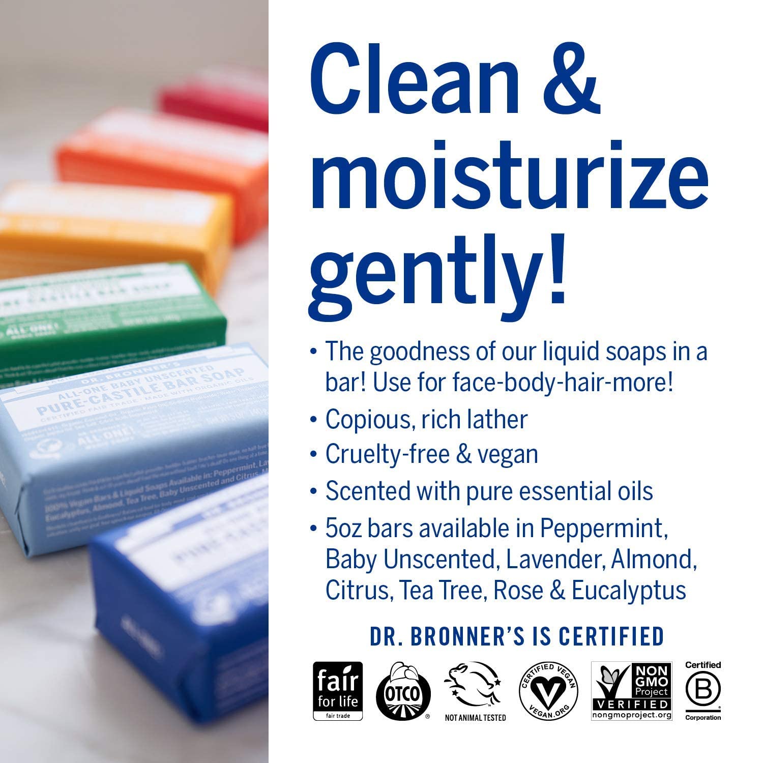 Dr. Bronner's Pure-Castile Magic Bar Soaps (5 Ounce Variety Gift Pack) Almond, Unscented, Lavender, Peppermint, Citrus, Rose - Made with Regenerative Organic Certified Oils, Vegan, Non-GMO
