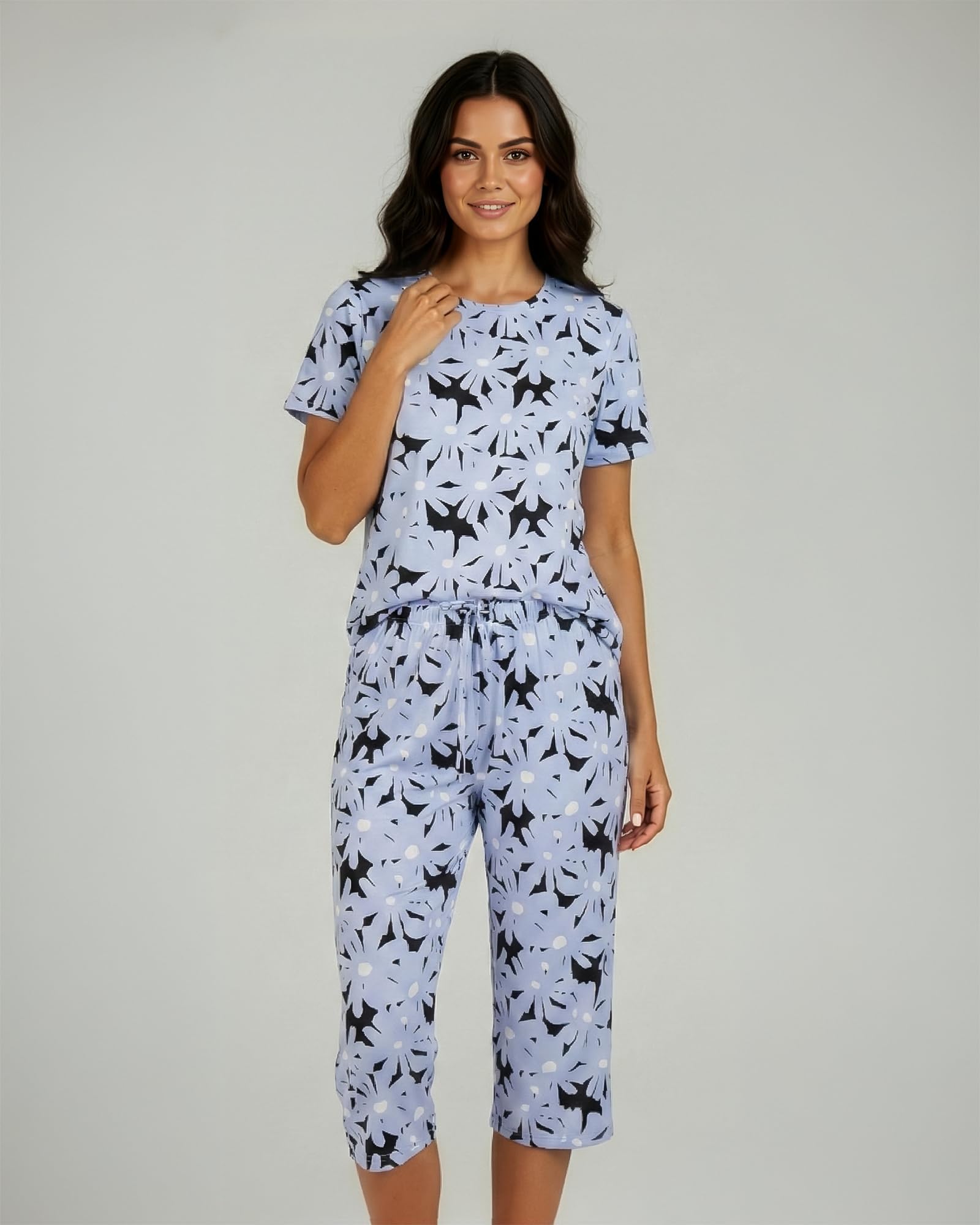 Real Essentials 2 Pack: Womens Pajamas Short Sleeve Sleepwear Tops and Capri Pants Pjs Print Pajama Sets (Available In Plus)