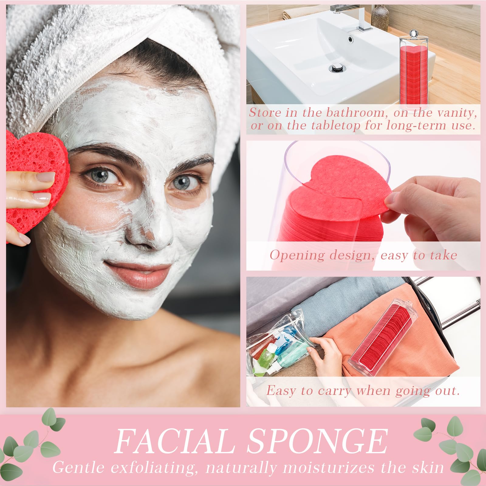 Sieral 120 Pcs Compressed Facial Sponges for Women with Container Disposable Face Sponge Pads for Mask Washing Face Cleansing Exfoliating Pore Esthetician Makeup Removal(Heart,Multicolor)