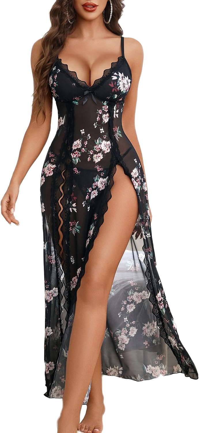 Avidlove Women Lingerie Lace Babydoll Chemise Sexy Mesh Nightdress V Neck Nightwear Side Split Nightgown
