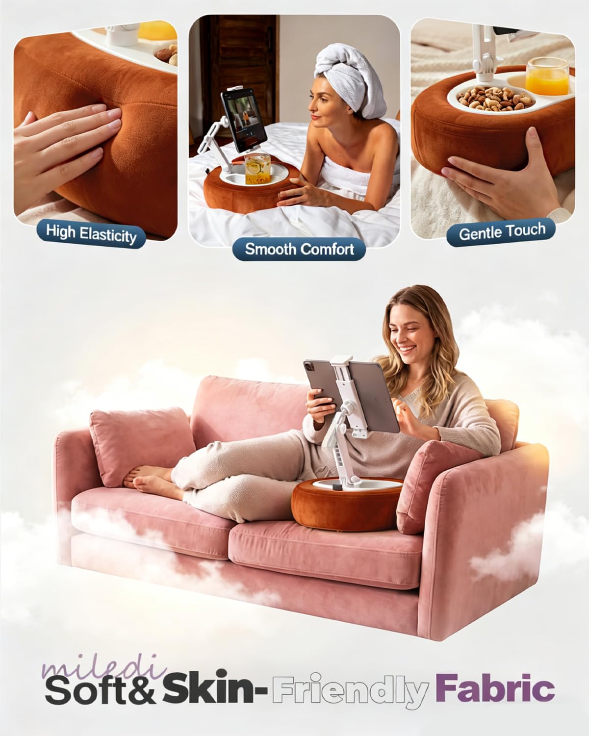 Tablet Pillow Stand, Compatible with 5"-12.9" Kindle, iPad, Phone/Tablet, Google, Samsung, 360° Rotating Phone Holder for Bed, Soft Plush Fabric, Detachable Bowl, Reading and Relaxation on Bed, Pink