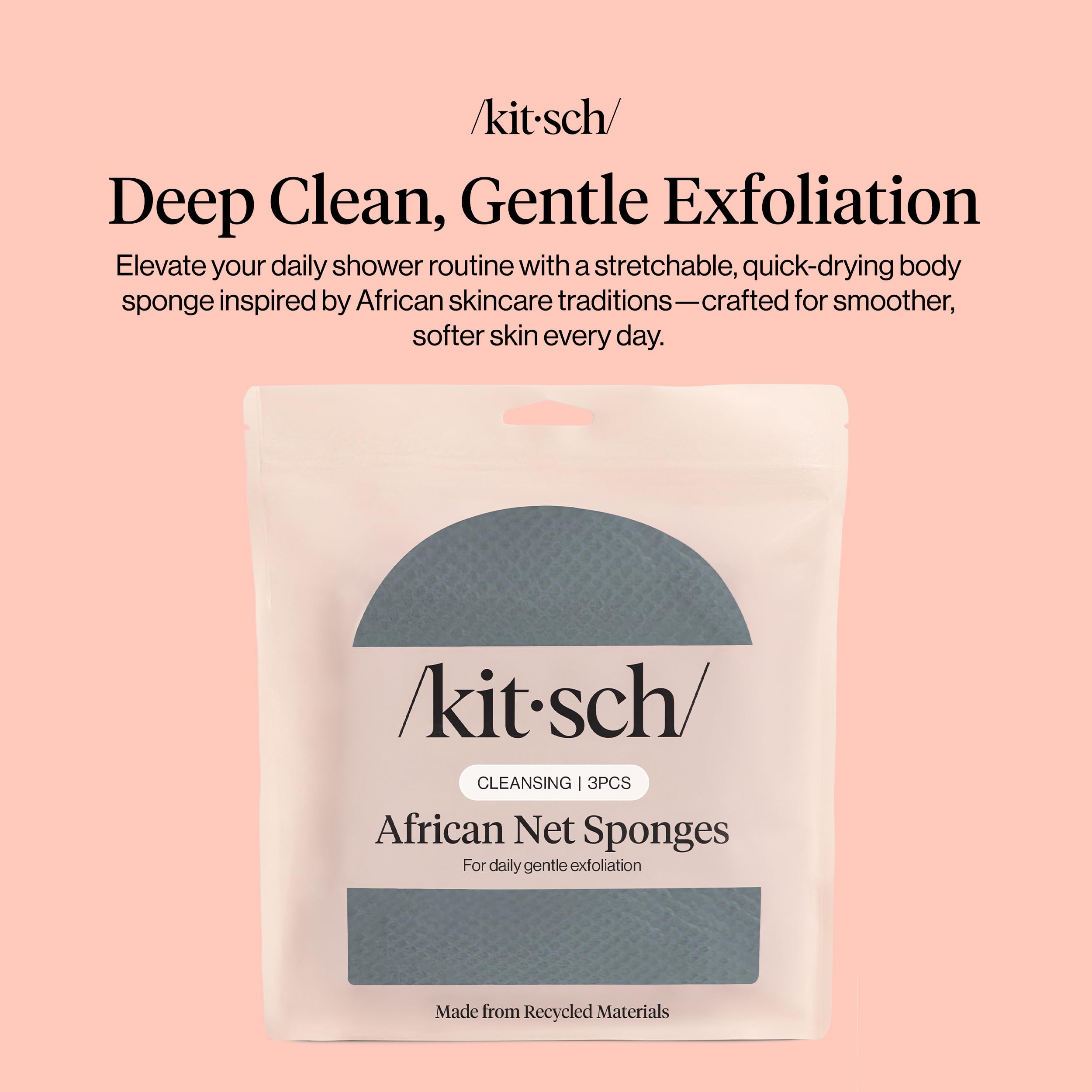 Kitsch African Net Sponge – Exfoliating Body Scrubber for Cleansing & Gentle Daily Exfoliation – Stretchable Bath Sponge for Hard-to-Reach Areas, Long-Lasting Shower Essential - Rosewood, 3 Pcs