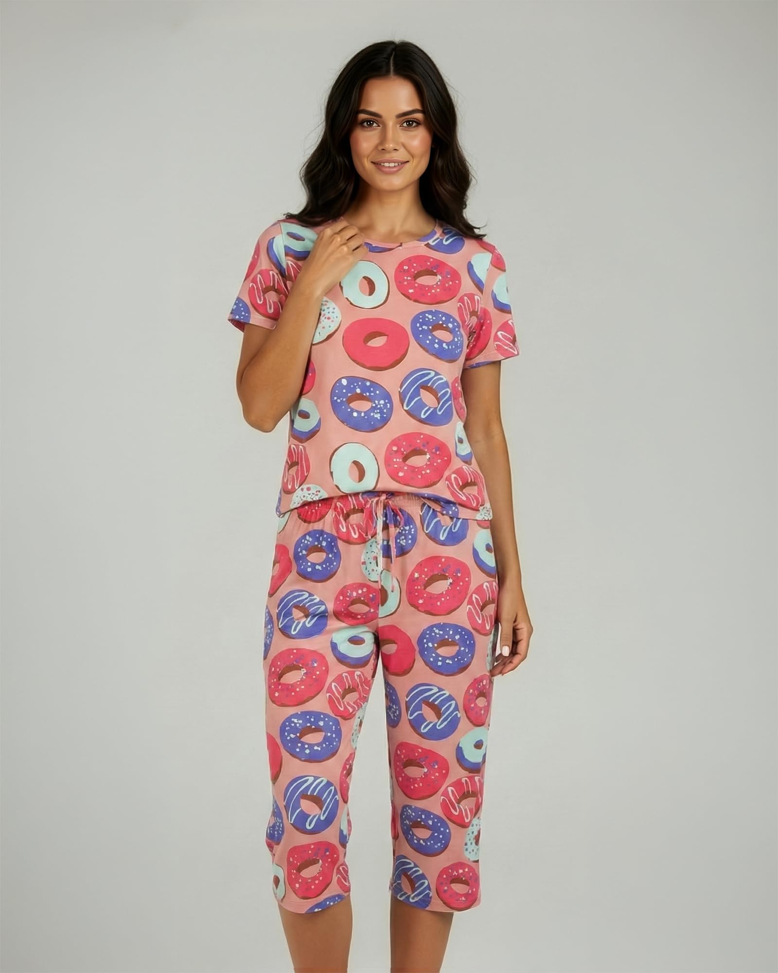 Real Essentials 2 Pack: Womens Pajamas Short Sleeve Sleepwear Tops and Capri Pants Pjs Print Pajama Sets (Available In Plus)