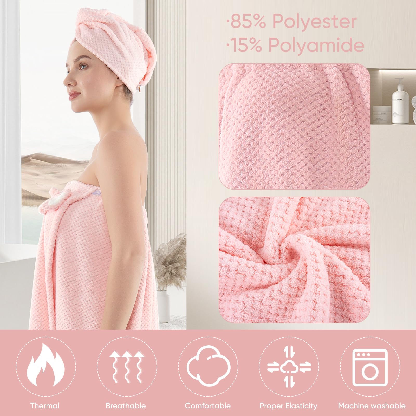 Spa Robe Bath wrap Towels for Women and Hair Drying Towel Waffle Spa Wraps with Pocket Adjustable Closure Lightweight Towel Wraps for Bath Shower (4, Purple)