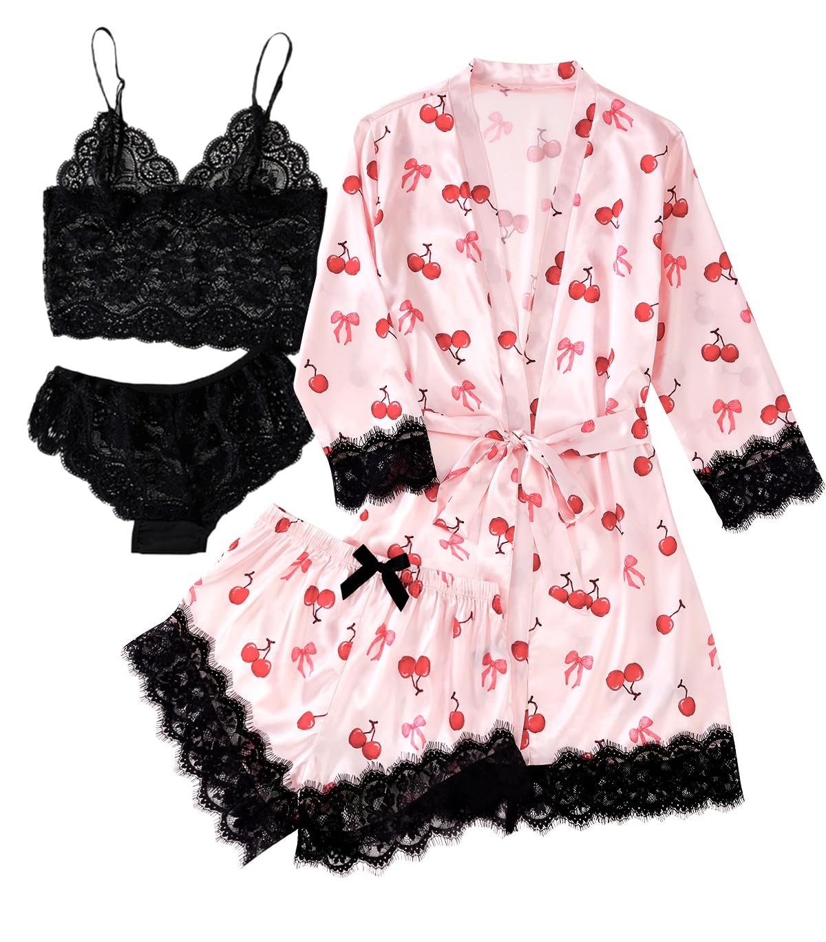 LYANER Women's Sexy Silk Satin Pajamas Set 4pcs Lingerie Nightwear Floral Lace Cami Pjs Sleepwear with Robe