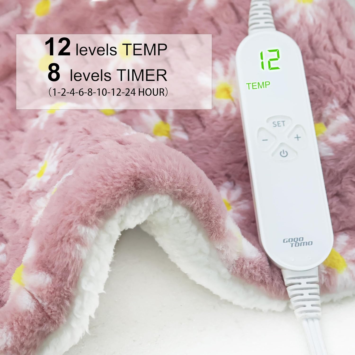 GOQO TOMO Heating Pad, 12 x 24 Inch, Pink Floral Pattern, Machine Washable, 8 Timer Settings, 12 Heat Levels, for Back Pain Relief-P01