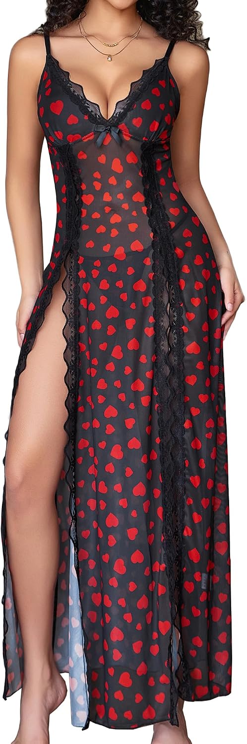 Avidlove Women Lingerie Lace Babydoll Chemise Sexy Mesh Nightdress V Neck Nightwear Side Split Nightgown