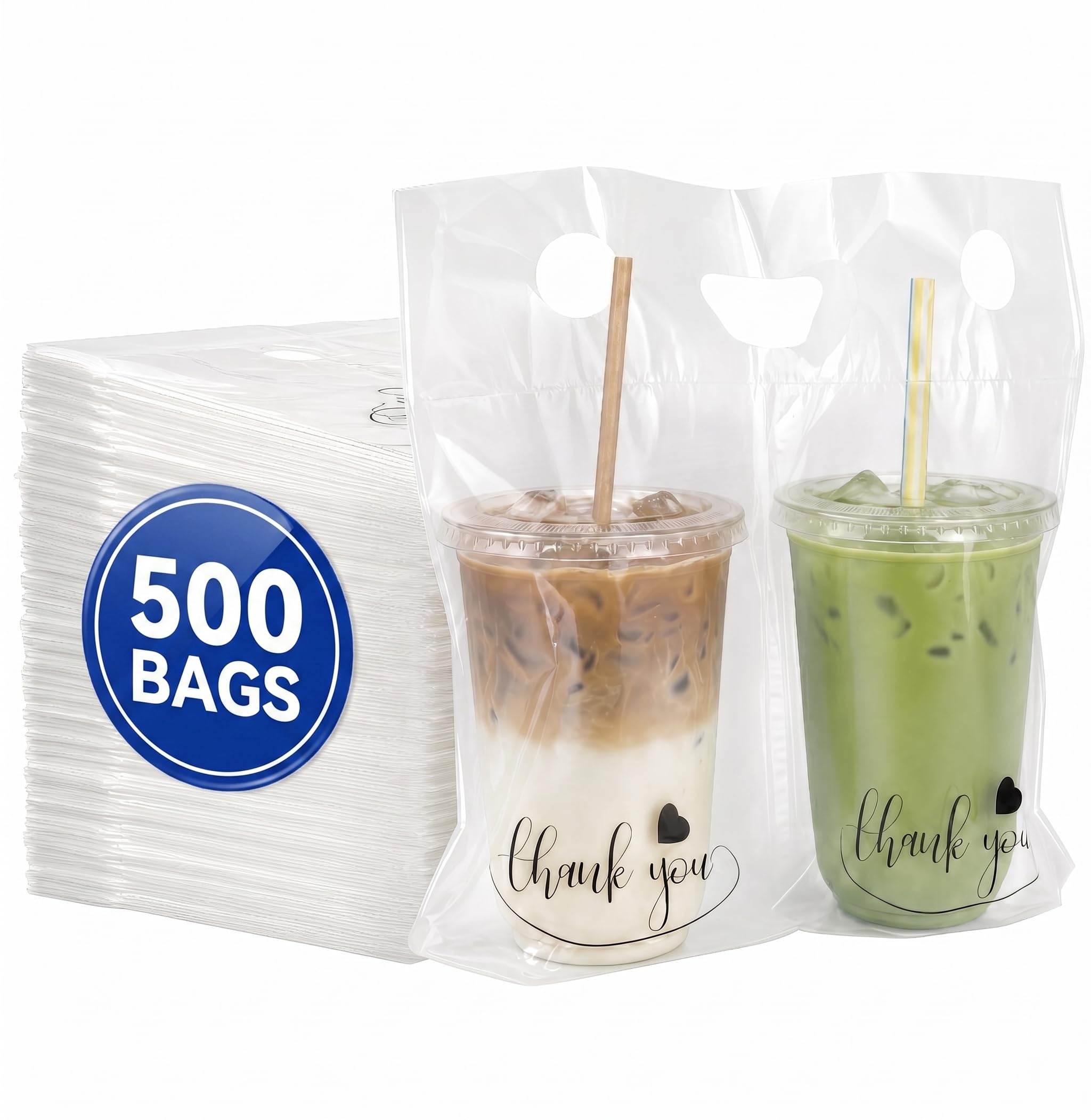 2-Cup Drink Carrier Bags, 32oz Cup Holder for Delivery, 100 pack | Increased 14 inch Width, Stronger Handles, Hot and Cold Beverages, Thick & Stable, Thank You Print, Spill Containment Design