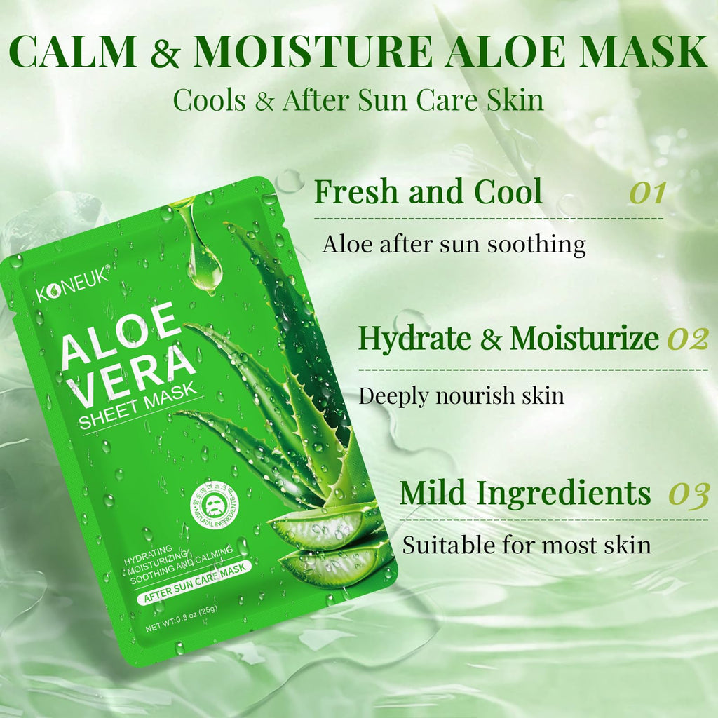 KONEUK 30 Pack Aloe Vera Hydrating Face Masks Skincare, Moisturizing & Soothing Sheet Face Mask for Skin Care, Bulk Aloe Face Masks for After Sun Skin Care, Spa Party Gifts for Women