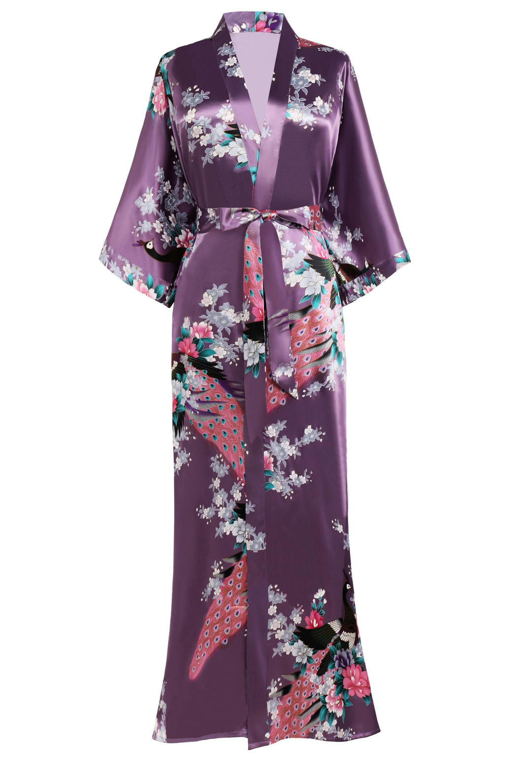 BABEYOND Women's Kimono Robe Long Satin Robes with Peacock and Blossoms Printed Kimono Nightgown