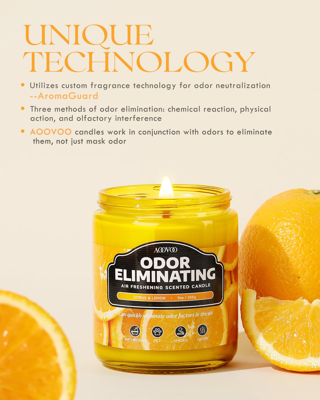 AOOVOO 4 Pack Citrus Lemon Odor Eliminating Highly Fragranced Candle Set - Eliminates 95% of Pet, Smoke, Food, and Other Smells Quickly, Non Toxic Air Freshing Soy Candle