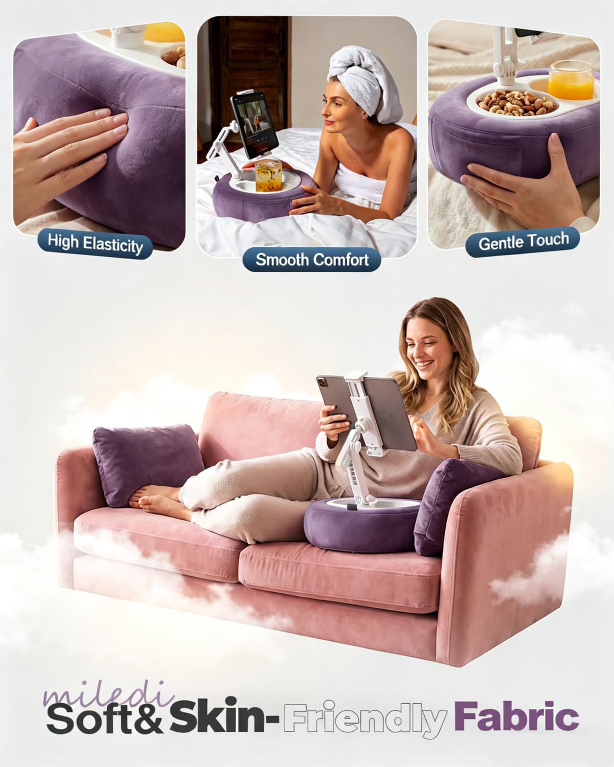 Tablet Pillow Stand, Compatible with 5"-12.9" Kindle, iPad, Phone/Tablet, Google, Samsung, 360° Rotating Phone Holder for Bed, Soft Plush Fabric, Detachable Bowl, Reading and Relaxation on Bed, Pink