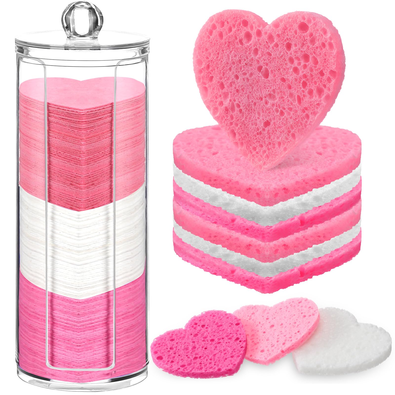 Sieral 120 Pcs Compressed Facial Sponges for Women with Container Disposable Face Sponge Pads for Mask Washing Face Cleansing Exfoliating Pore Esthetician Makeup Removal(Heart,Multicolor)