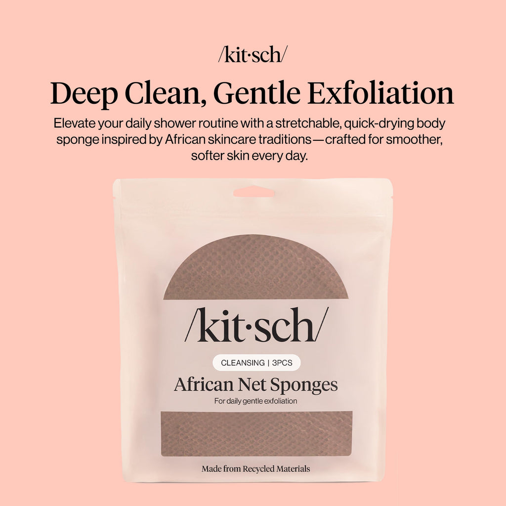 Kitsch African Net Sponge – Exfoliating Body Scrubber for Cleansing & Gentle Daily Exfoliation – Stretchable Bath Sponge for Hard-to-Reach Areas, Long-Lasting Shower Essential - Rosewood, 3 Pcs
