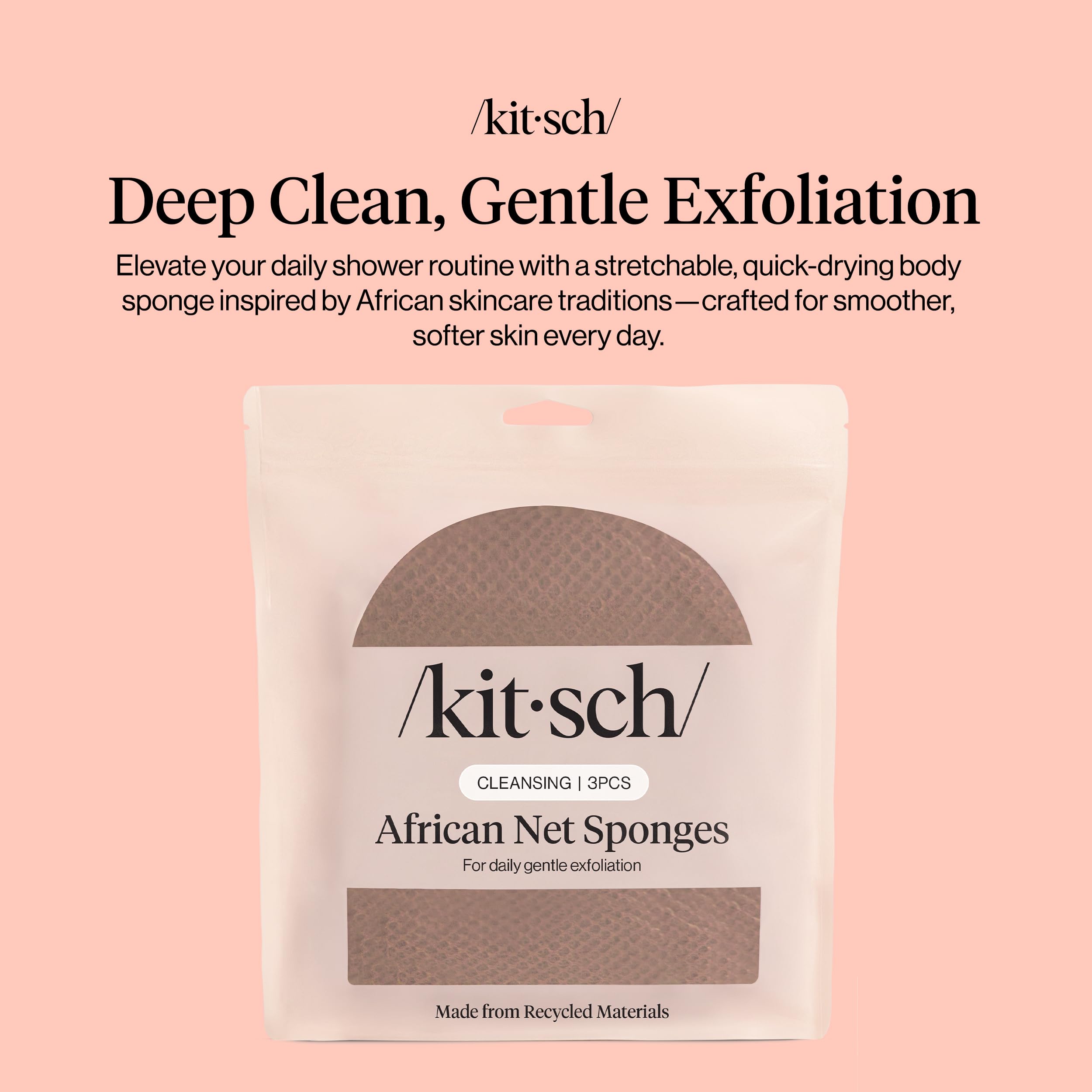 Kitsch African Net Sponge – Exfoliating Body Scrubber for Cleansing & Gentle Daily Exfoliation – Stretchable Bath Sponge for Hard-to-Reach Areas, Long-Lasting Shower Essential - Rosewood, 3 Pcs