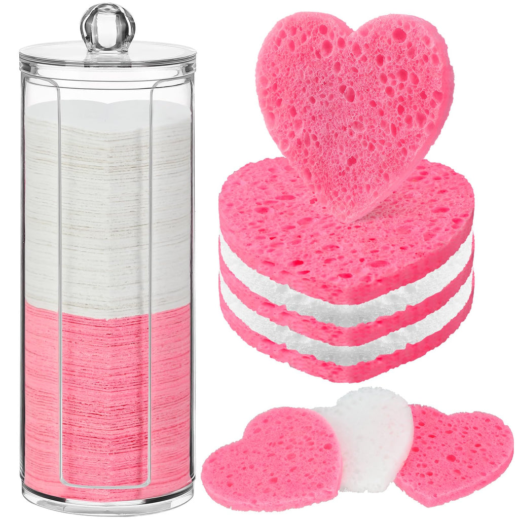 Sieral 120 Pcs Compressed Facial Sponges for Women with Container Disposable Face Sponge Pads for Mask Washing Face Cleansing Exfoliating Pore Esthetician Makeup Removal(Heart,Multicolor)
