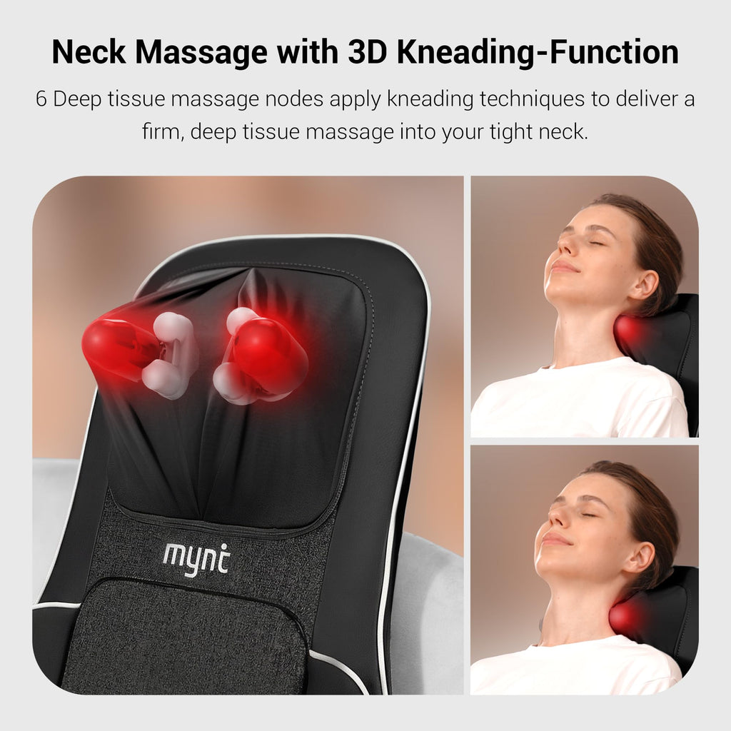 Mynt FSA Eligible HSA Approved Shiatsu Neck and Back Massager for Chair with 10 Deep Kneading Nodes, 2D & 3D Adjustable Back Massage with Heat, Portable Massage Chair Pad with Cover