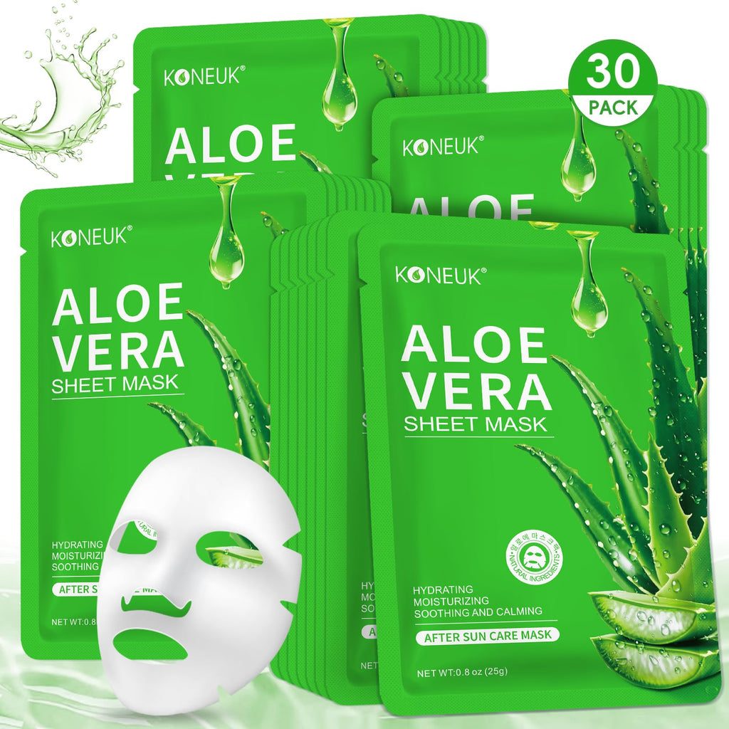 KONEUK 30 Pack Aloe Vera Hydrating Face Masks Skincare, Moisturizing & Soothing Sheet Face Mask for Skin Care, Bulk Aloe Face Masks for After Sun Skin Care, Spa Party Gifts for Women