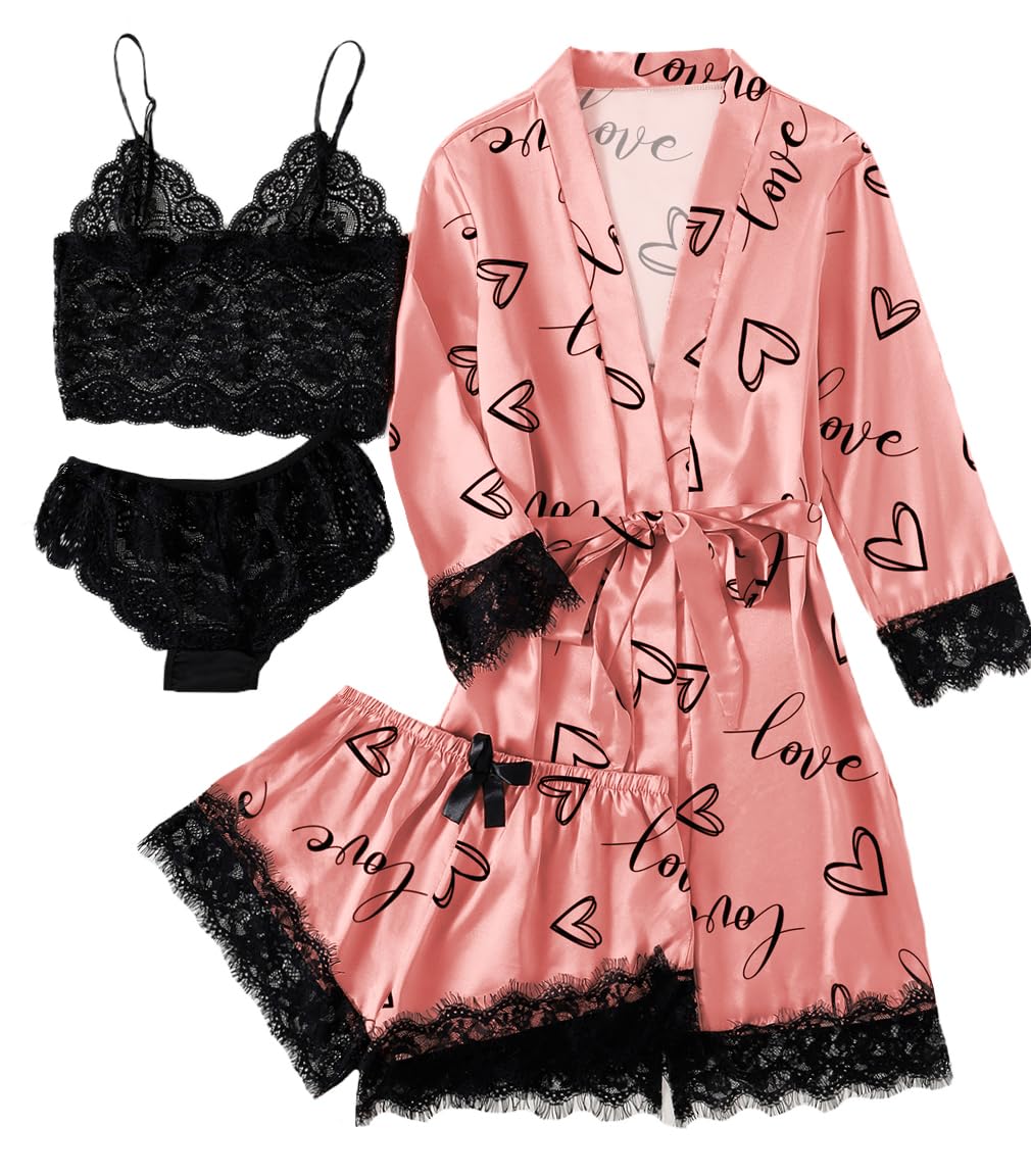 LYANER Women's Sexy Silk Satin Pajamas Set 4pcs Lingerie Nightwear Floral Lace Cami Pjs Sleepwear with Robe