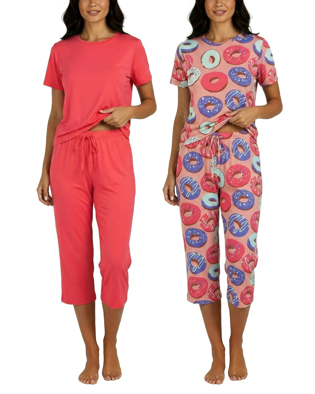 Real Essentials 2 Pack: Womens Pajamas Short Sleeve Sleepwear Tops and Capri Pants Pjs Print Pajama Sets (Available In Plus)