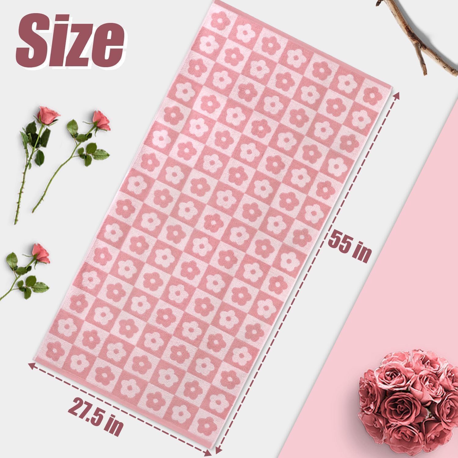 Jacquotha 2-Pieces Luxury Bath Towels Checkered Floral, Pink Towels for Women Girls Shower Body 27.5x55 Inches, Bathroom Decor & Pool Days, Cotton
