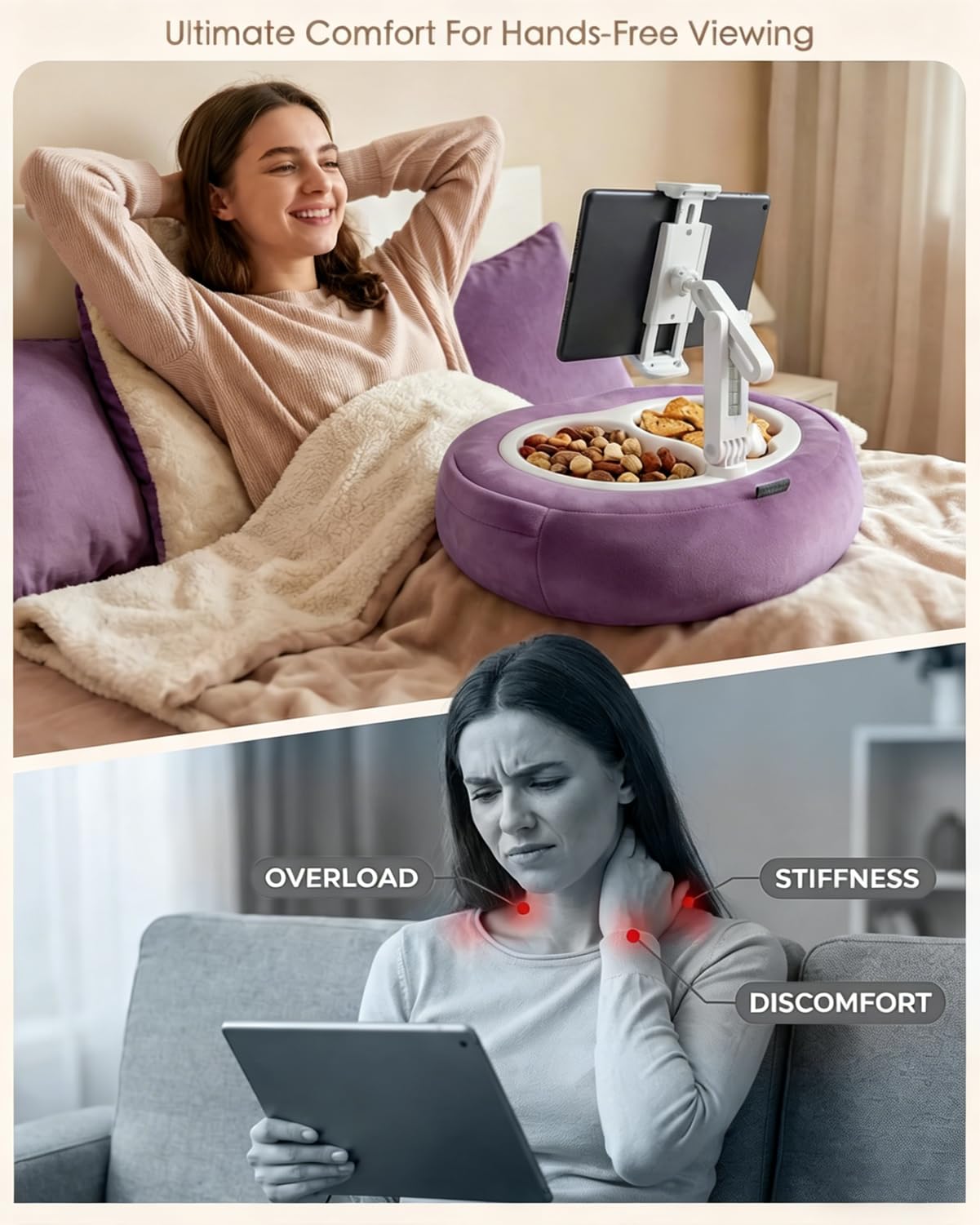 Tablet Pillow Stand, Compatible with 5"-12.9" Kindle, iPad, Phone/Tablet, Google, Samsung, 360° Rotating Phone Holder for Bed, Soft Plush Fabric, Detachable Bowl, Reading and Relaxation on Bed, Pink