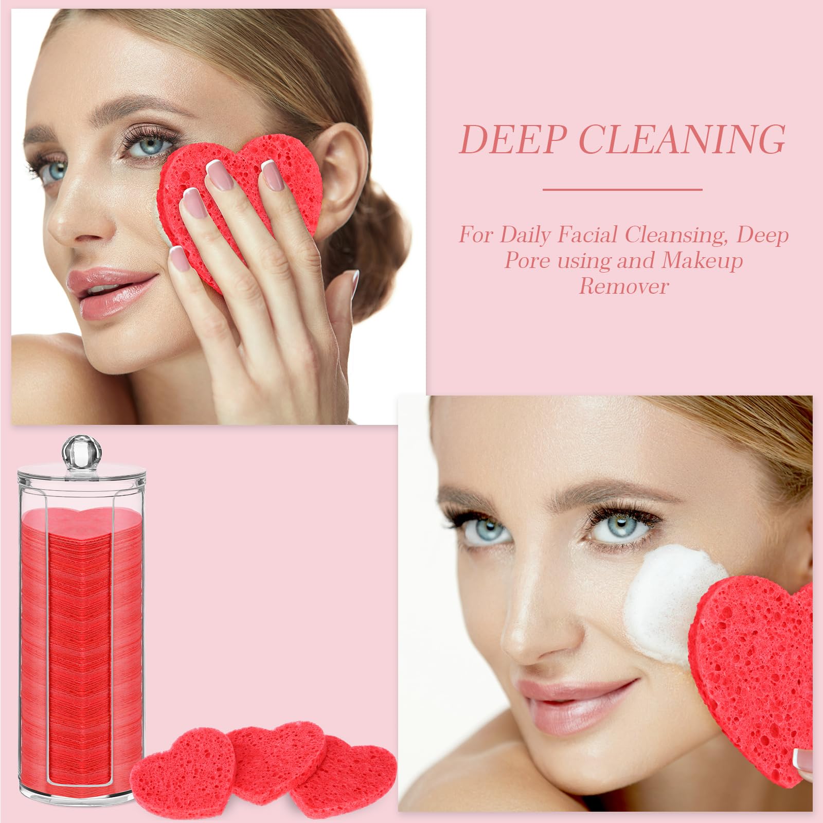 Sieral 120 Pcs Compressed Facial Sponges for Women with Container Disposable Face Sponge Pads for Mask Washing Face Cleansing Exfoliating Pore Esthetician Makeup Removal(Heart,Multicolor)