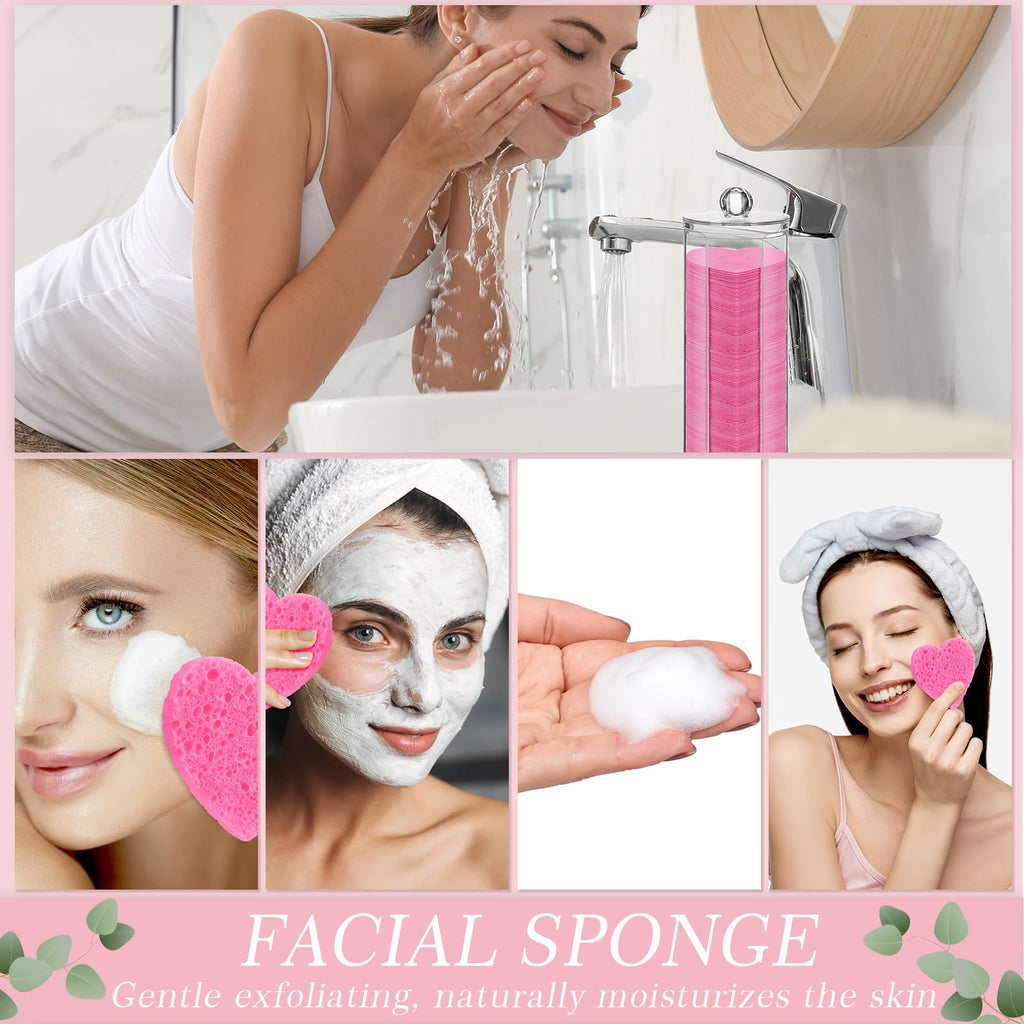 Sieral 120 Pcs Compressed Facial Sponges for Women with Container Disposable Face Sponge Pads for Mask Washing Face Cleansing Exfoliating Pore Esthetician Makeup Removal(Heart,Multicolor)
