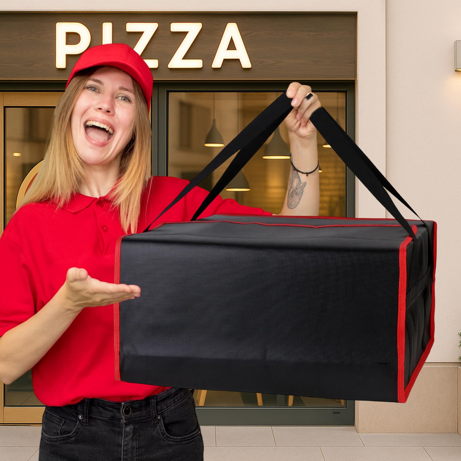 Bodaon Insulated Pizza Delivery Bag, 20" x 20" x 6" Pizza Warmer Bags for Carry Hot, Food Warmers for Parties, Pizza Thermal Insulation, Pizza Carrier for Catering, Red, 1-Pack