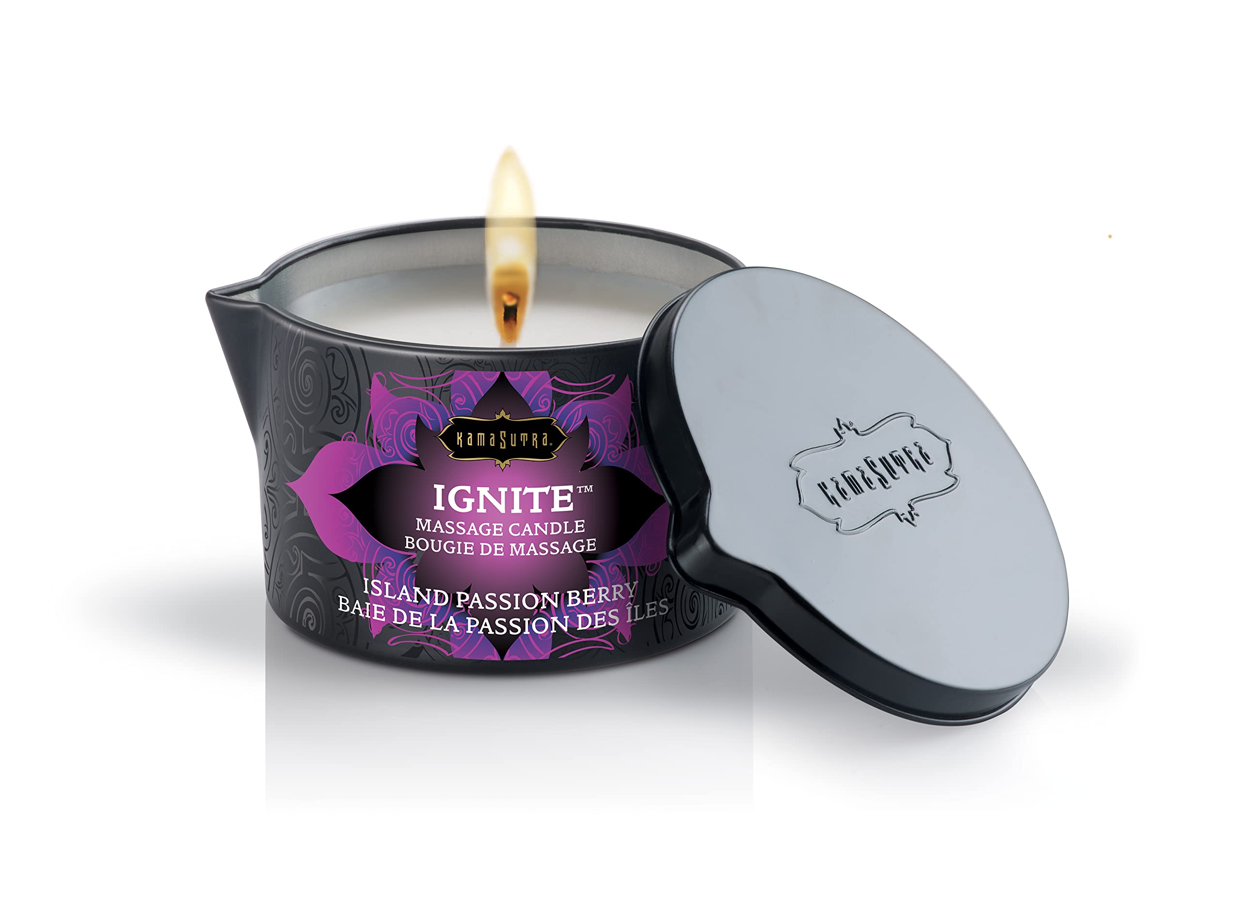 KAMA SUTRA Ignite Massage Candle - Coconut Oil and Soy Based - Island Passion Berry, 6 oz Candle Melts into a Warm Massage Oil, Couples Massage, Pour Spout Massage Candle