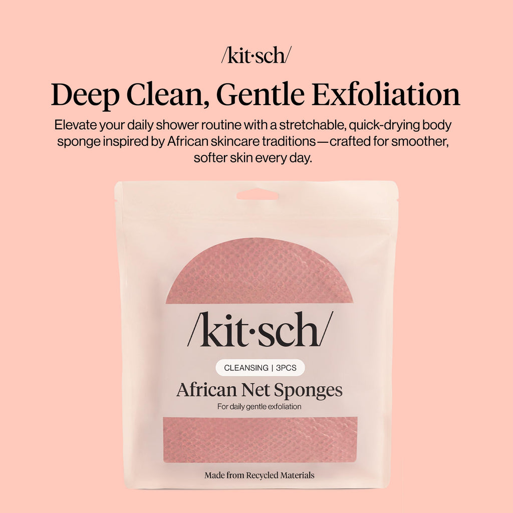 Kitsch African Net Sponge – Exfoliating Body Scrubber for Cleansing & Gentle Daily Exfoliation – Stretchable Bath Sponge for Hard-to-Reach Areas, Long-Lasting Shower Essential - Rosewood, 3 Pcs