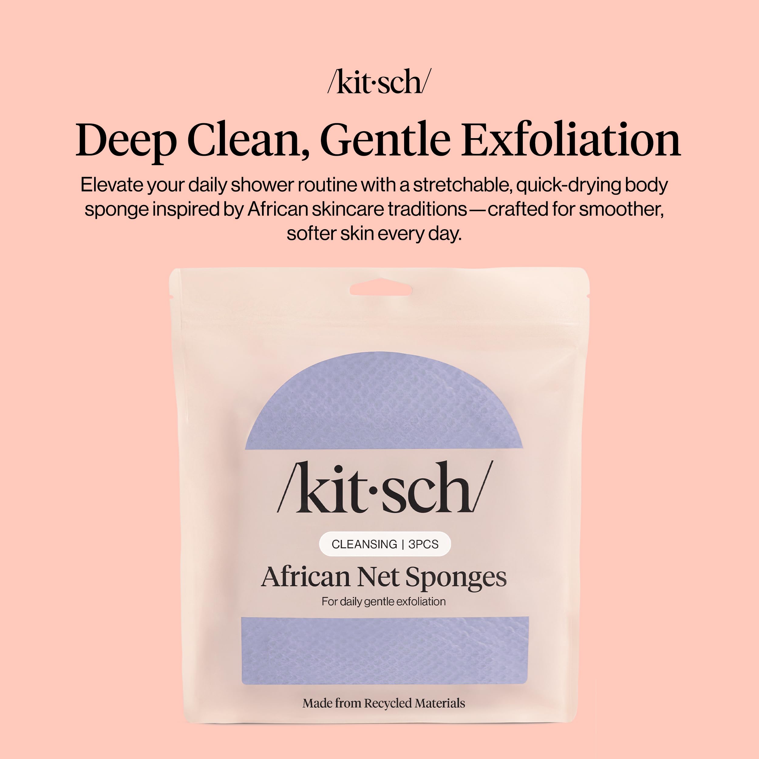 Kitsch African Net Sponge – Exfoliating Body Scrubber for Cleansing & Gentle Daily Exfoliation – Stretchable Bath Sponge for Hard-to-Reach Areas, Long-Lasting Shower Essential - Rosewood, 3 Pcs