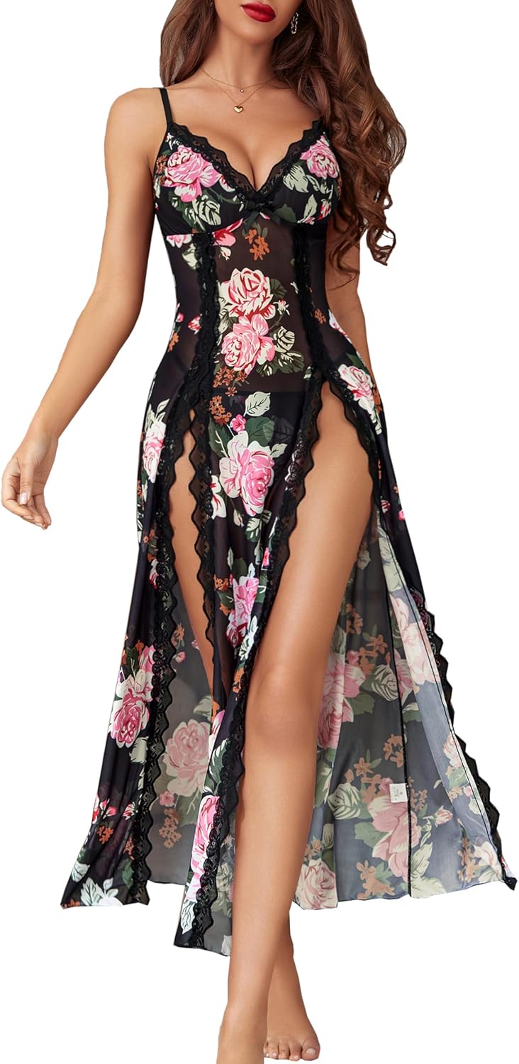 Avidlove Women Lingerie Lace Babydoll Chemise Sexy Mesh Nightdress V Neck Nightwear Side Split Nightgown