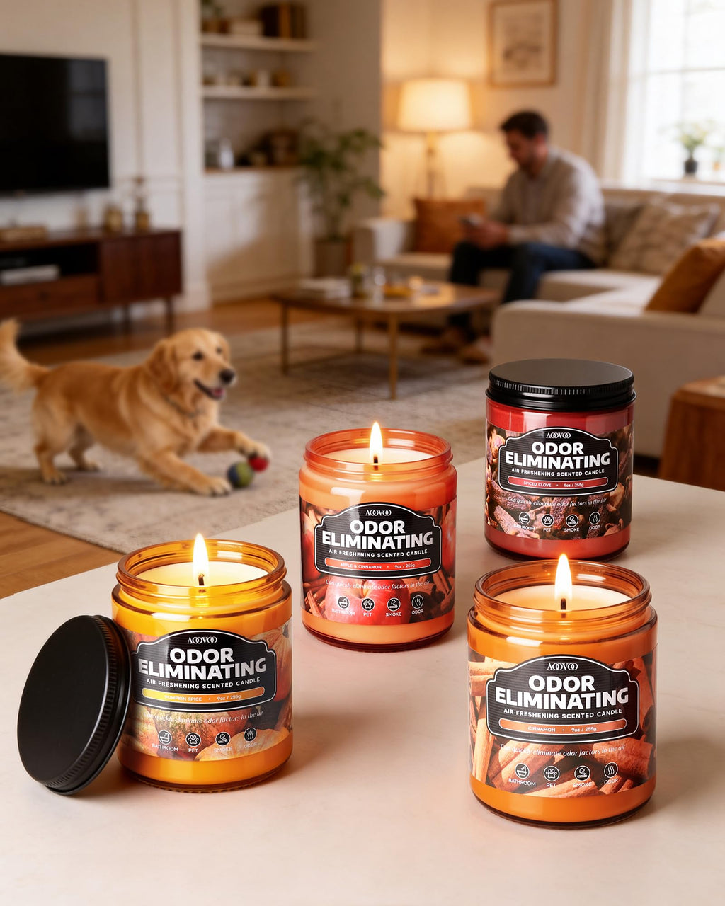 AOOVOO 4 Pack Citrus Lemon Odor Eliminating Highly Fragranced Candle Set - Eliminates 95% of Pet, Smoke, Food, and Other Smells Quickly, Non Toxic Air Freshing Soy Candle