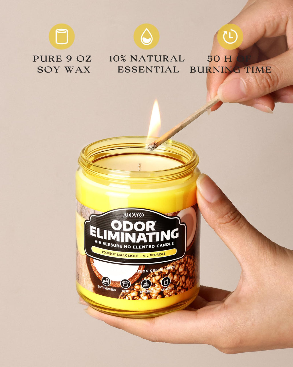 AOOVOO 4 Pack Citrus Lemon Odor Eliminating Highly Fragranced Candle Set - Eliminates 95% of Pet, Smoke, Food, and Other Smells Quickly, Non Toxic Air Freshing Soy Candle