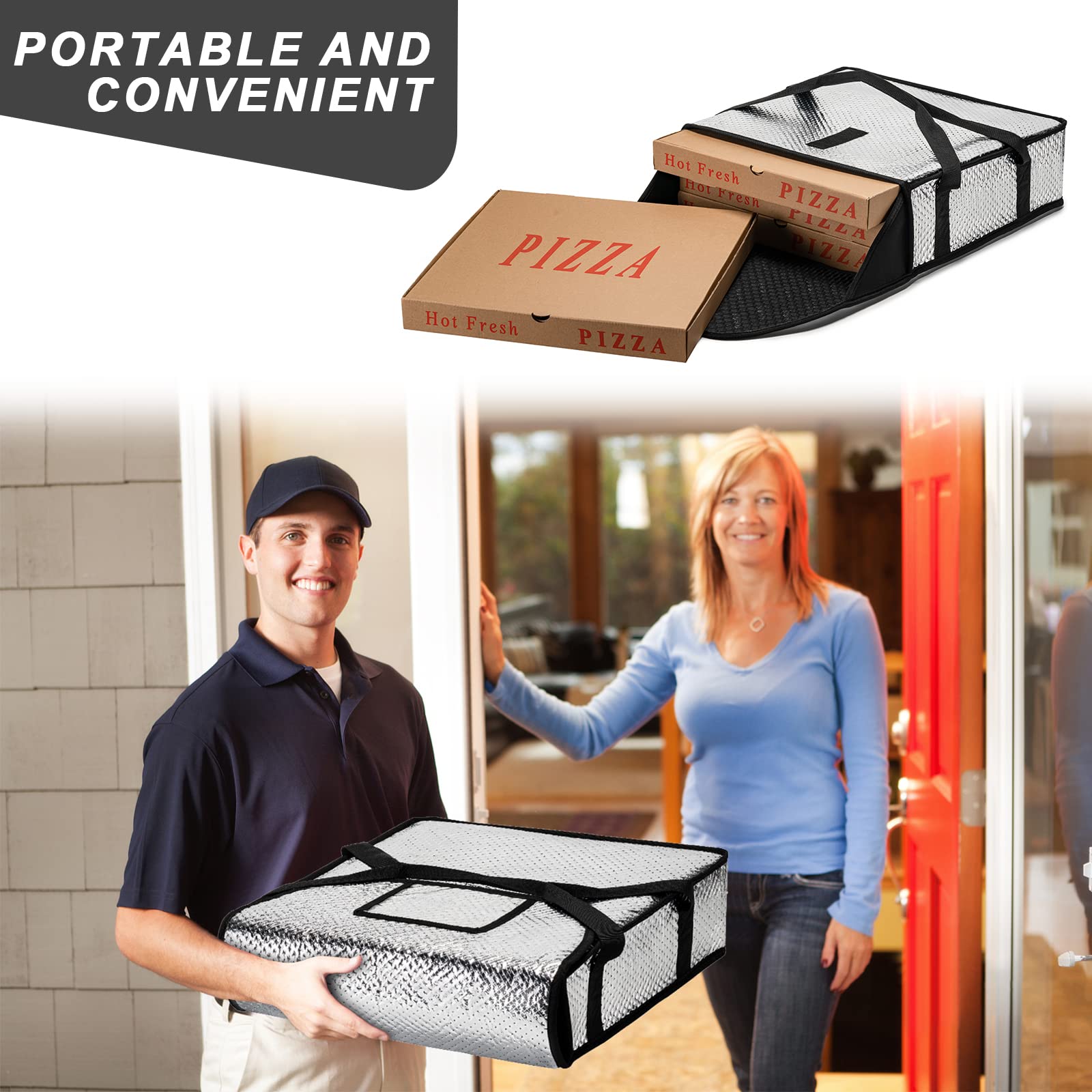 Pizza Bags for Delivery 20" X 20" X 6" - Moisture-Free, Professional Thermal Pizza Warmer, Heavy-Duty Pizza Delivery Bag, Suitable for Restaurants,Picnic Uber Eats & Door Dash（Silver）