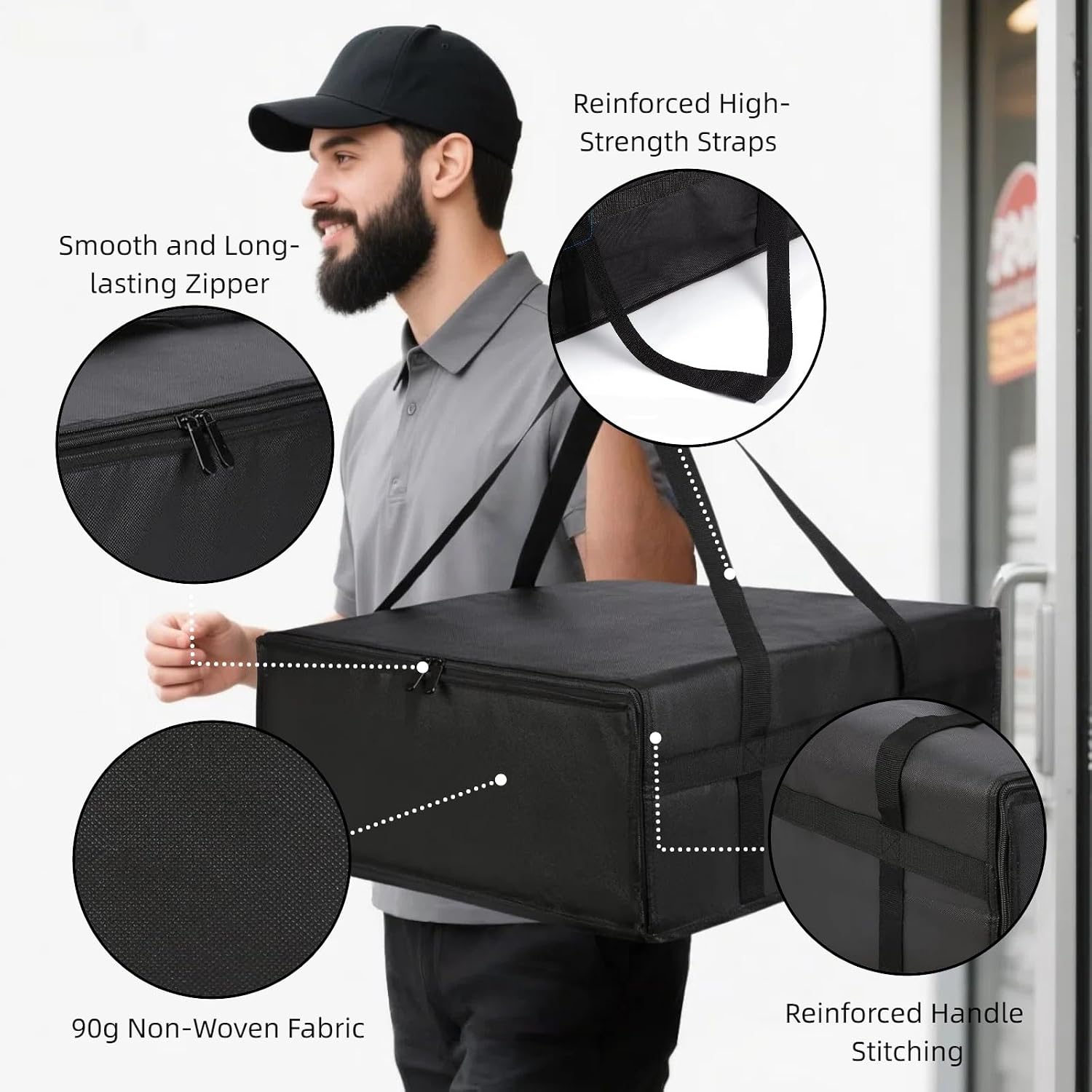 19.6" x 19.6" x 5.9" Insulated Pizza Delivery Bag with Zipper Closure, Thermal Food Carrier for Hot & Cold Meals, Reusable Delivery Bag for Catering, Transport & Home Use, Black (1 Pack)