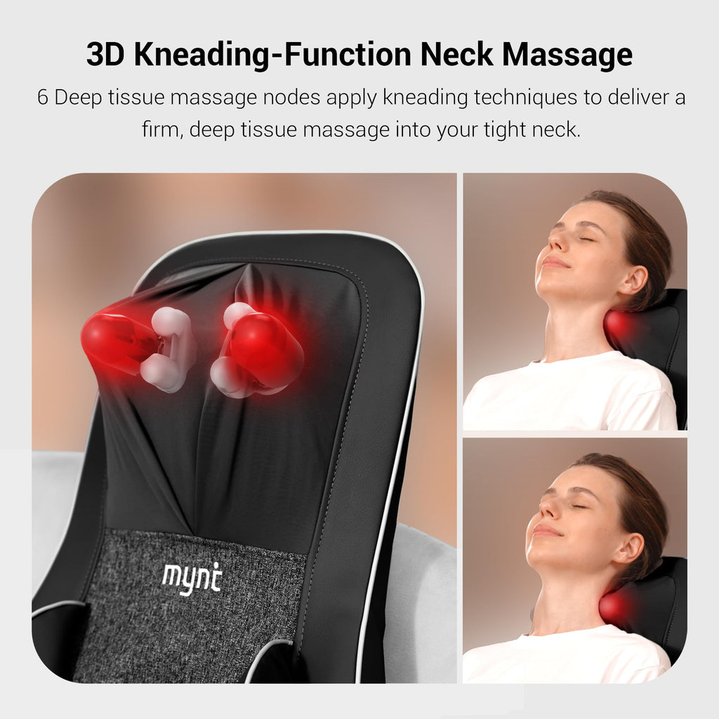 Mynt FSA Eligible HSA Approved Shiatsu Neck and Back Massager for Chair with 10 Deep Kneading Nodes, 2D & 3D Adjustable Back Massage with Heat, Portable Massage Chair Pad with Cover
